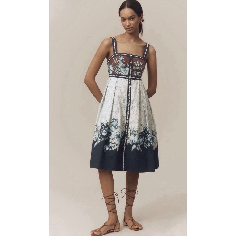 Anthropologie Maeve Midi Dress Blue Square Neck Button Front Preppy Size XS New